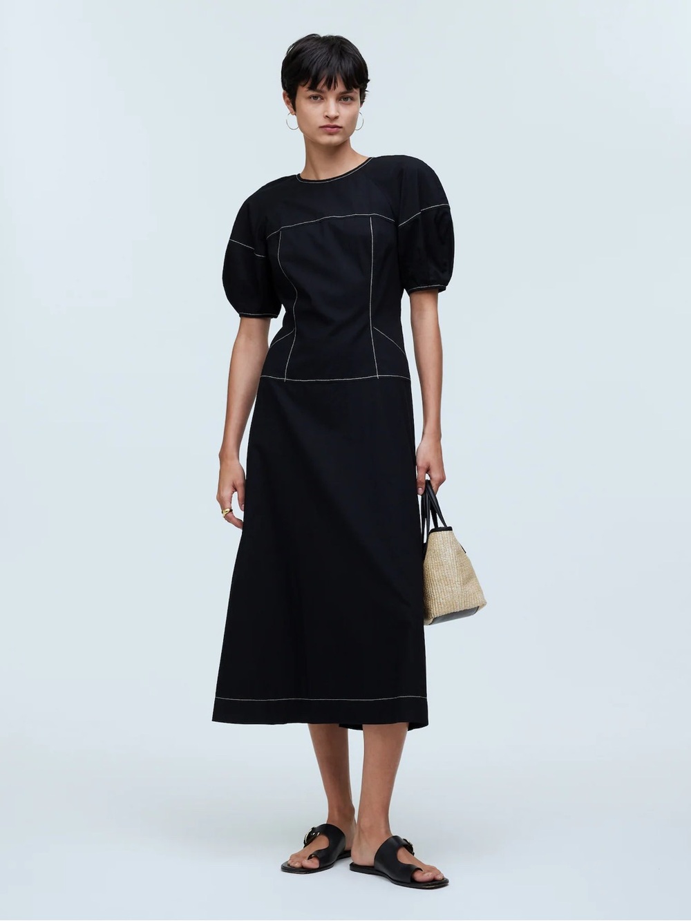 NWT! Madewell Puff Sleeve Drop-Waist Midi Dress in True Black White Size 2